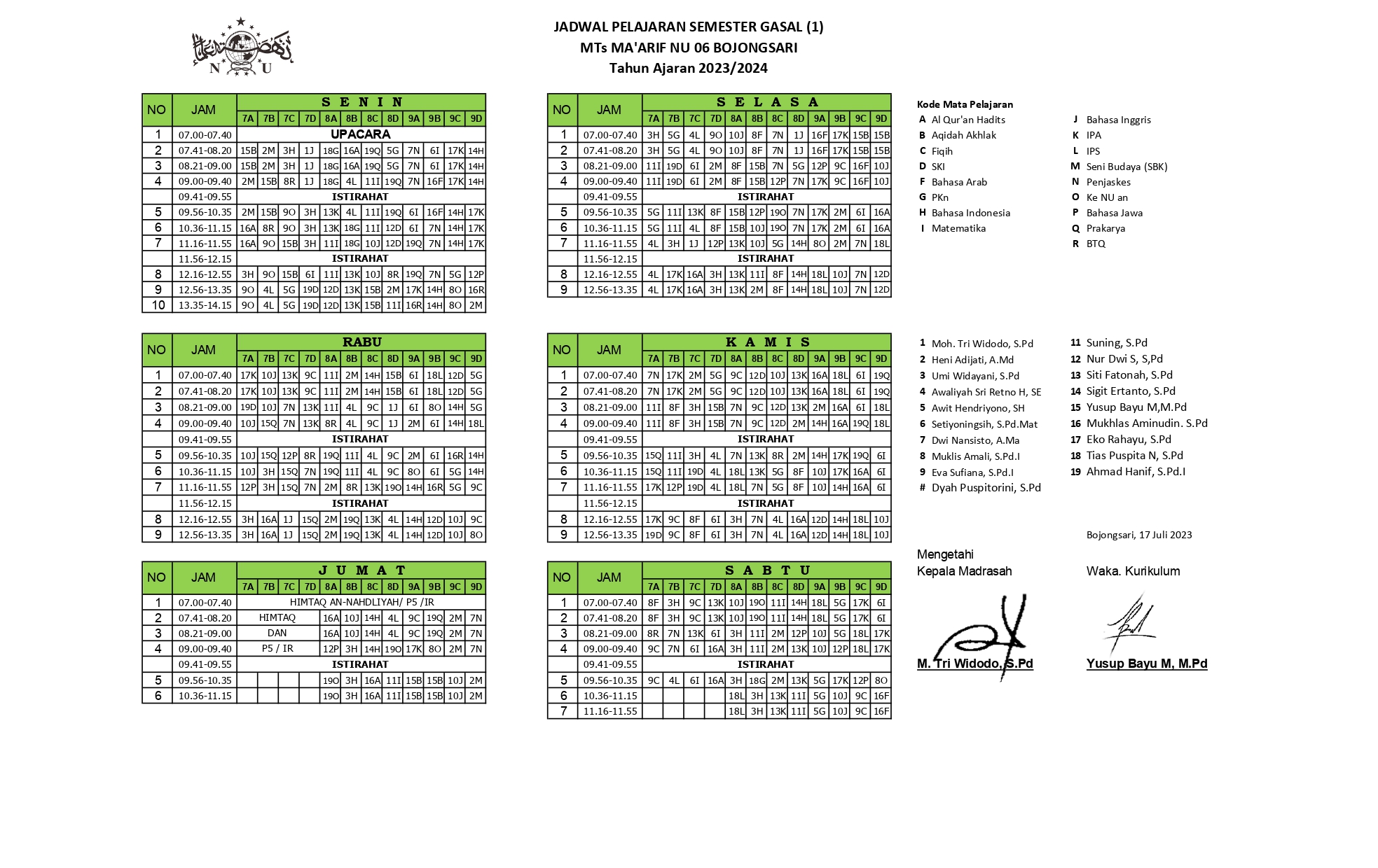 jadwal pelajaran tsamanuri 2022-2023